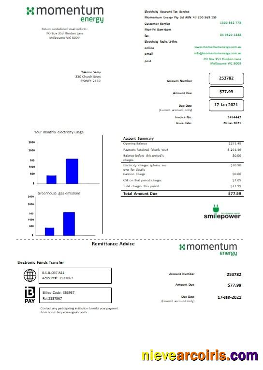 Australia Momentum Energy utility bill
